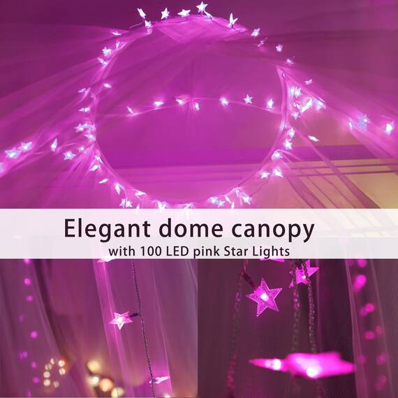 Rosa Betthimmel mit Lichtern für Mädchen Schlafzimmer Dekoration, Prinzessin Baldachin Bettvorhänge mit 100 LED Stern rosa Lichter 8 Modi USB-gespeist Geschenke für Frauen, Einzel- bis King Size Bett