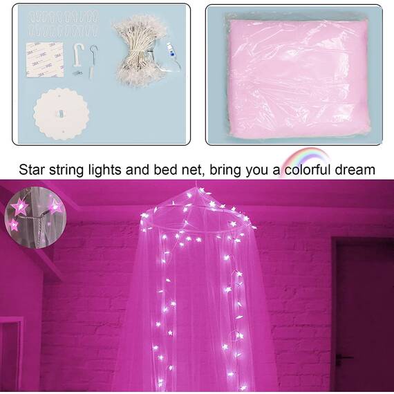Rosa Betthimmel mit Lichtern für Mädchen Schlafzimmer Dekoration, Prinzessin Baldachin Bettvorhänge mit 100 LED Stern rosa Lichter 8 Modi USB-gespeist Geschenke für Frauen, Einzel- bis King Size Bett