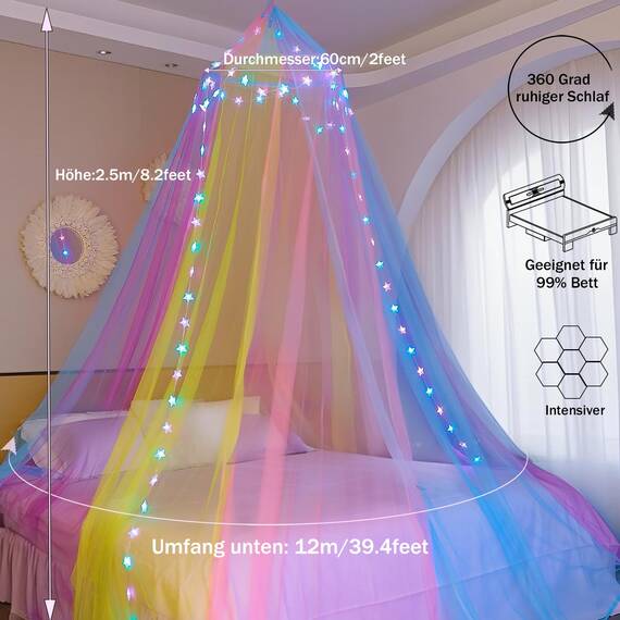 HEYCOLOR Regenbogen Betthimmel Mädchen mit Lichtern, 24 Farben Himmelbett Vorhänge LED-Stern Fee Lichter Prinzessin Baldachin Remote Timer für Kinderzimmer Zelt Twin Full Queen King Size Bett