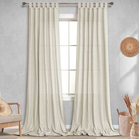 Leinen-Vorhänge für Wohnzimmer, 2 Paneele, Schlaufen, Lichtfilterung, Baumwolle, strukturiert, beige, Outdoor-Vorhang für Schiebetür, Terrasse, französische Landdekoration, Hellbraun, 132 x 274 cm