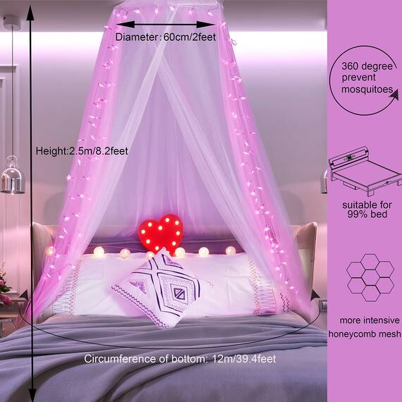 Rosa Betthimmel mit Lichtern für Mädchen Schlafzimmer Dekoration, Prinzessin Baldachin Bettvorhänge mit 100 LED Stern rosa Lichter 8 Modi USB-gespeist Geschenke für Frauen, Einzel- bis King Size Bett