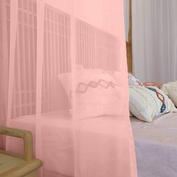 Linentalks transparente Baldachin-Bettvorhänge für King-, Doppel-, Standard- und Einzelbetten, 4-Eck-Bett-Baldachine & Vorhänge, Himmelbett-Vorhänge für Vierpfostenbetten, transparente Vorhänge, rosa