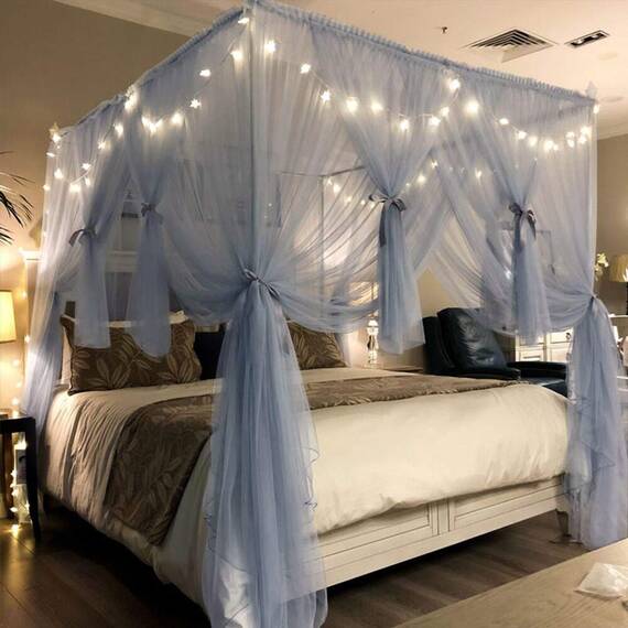 Joyreap Bettvorhang mit 4 Ecken, für Mädchen und Erwachsene, luxuriös, gemütlich, niedliches Prinzessinnen-Schlafzimmer-Dekoration (Grau-Blau, Full/Queen)