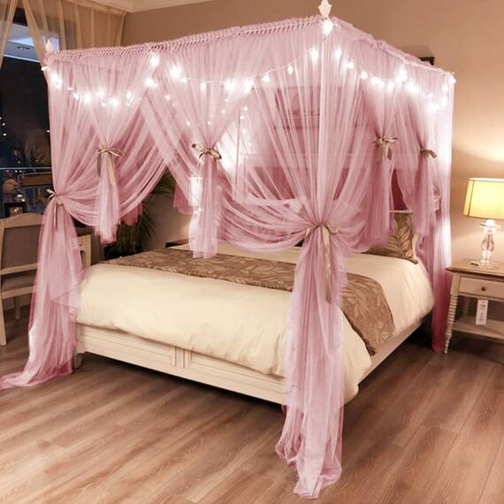 Joyreap Betthimmel mit 4 Ecken, rosa Betthimmel, gemütliche Vorhänge – Moskitonetz mit 4 Öffnungen – niedliche Prinzessinnen-Schlafzimmer-Dekoration (149.9 cm B x 198.1 cm L, Full/Queen)