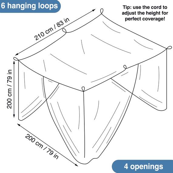 Moskitonetz für Doppelbett Weiß - 6 Hängeschlaufen und 4 seitliche Öffnungen - dekorative rechteckige Form für Zuhause & Reise - Betthimmel-Aufhängeset und Tragetasche inklusive - 210 x 200 x 200 cm