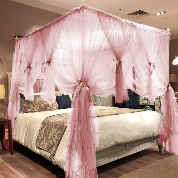 Joyreap Betthimmel mit 4 Ecken, rosa Betthimmel, gemütliche Vorhänge – Moskitonetz mit 4 Öffnungen – niedliche Prinzessinnen-Schlafzimmer-Dekoration (119.4 cm B x 198.1 cm L, Doppelbett)
