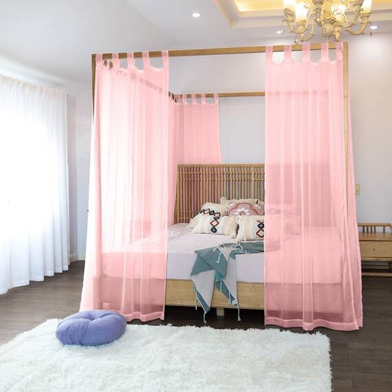 Linentalks transparente Baldachin-Bettvorhänge für King-, Doppel-, Standard- und Einzelbetten, 4-Eck-Bett-Baldachine & Vorhänge, Himmelbett-Vorhänge für Vierpfostenbetten, transparente Vorhänge, rosa