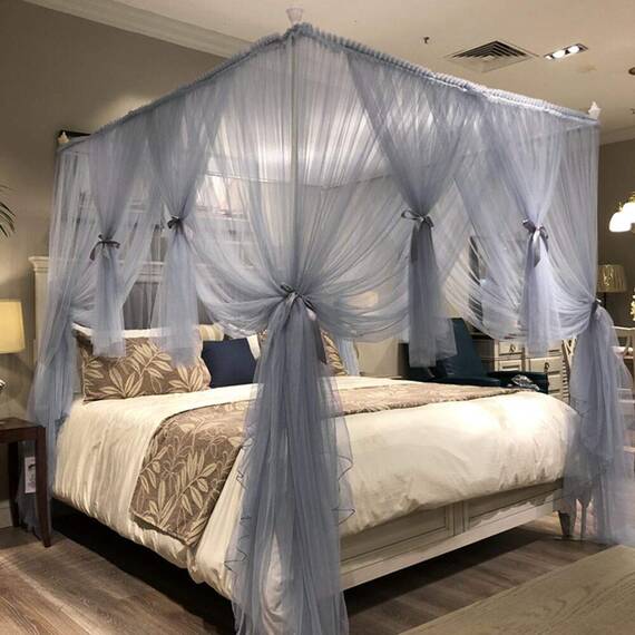 Joyreap Bettvorhang mit 4 Ecken, für Mädchen und Erwachsene, luxuriös, gemütlich, niedliches Prinzessinnen-Schlafzimmer-Dekoration (Grau-Blau, Full/Queen)