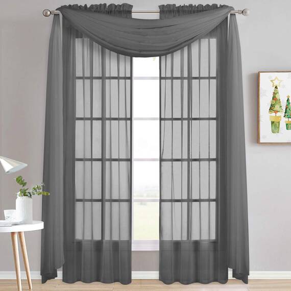PONY DANCE Querbehang Freihanddeko Voile Gardinen Transparent Himmelbett Vorhänge Dunkelgrau Transparent Querbehang Gardine für Hochzeit & Wohnzimmer Fenster Deko, 1 Stück, H 548 x B 152 cm