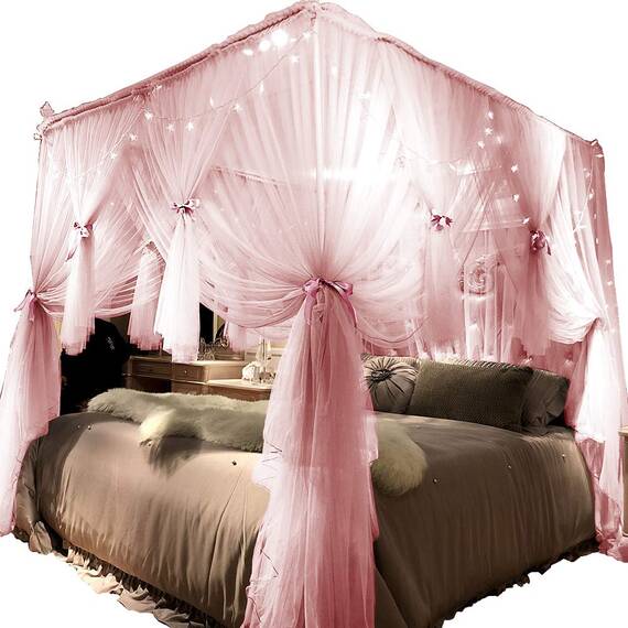 Joyreap Betthimmel mit 4 Ecken, rosa Betthimmel, gemütliche Vorhänge – Moskitonetz mit 4 Öffnungen – niedliche Prinzessinnen-Schlafzimmer-Dekoration (149.9 cm B x 198.1 cm L, Full/Queen)