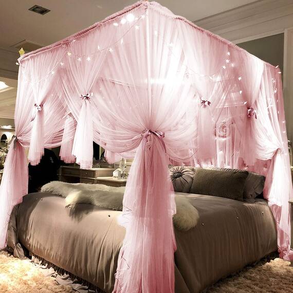 Joyreap Betthimmel mit 4 Ecken, rosa Betthimmel, gemütliche Vorhänge – Moskitonetz mit 4 Öffnungen – niedliche Prinzessinnen-Schlafzimmer-Dekoration (149.9 cm B x 198.1 cm L, Full/Queen)