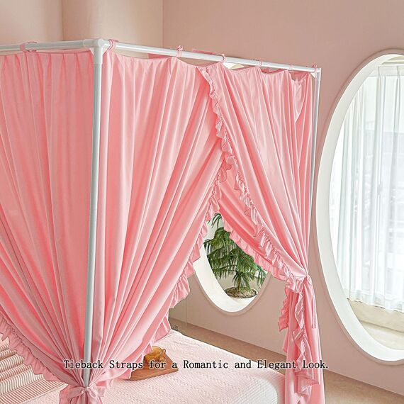 AIKASY Prinzessinnen-Betthimmel-Vorhänge mit Bändern oben – winddicht und lichtdicht für Mädchen und Erwachsene, Schlafzimmer-Dekoration, Betthimmel-Vorhänge (Doppelbett, Rosa)