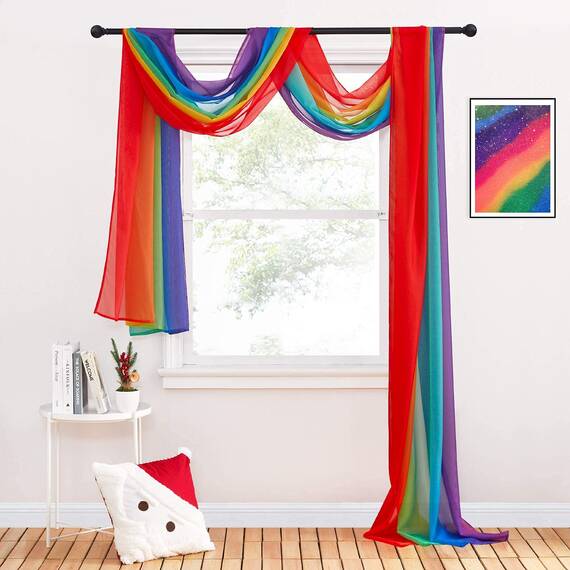 PONY DANCE Himmelbett Vorhänge Baby Querbehang Freihanddeko für Geburtstagsparty Hausbett Vorhang Farbverlauf Gardine Durchsichtig Tüllstoff, Lebhafter Regenbogen, 1 Stück H 548 x B 152 cm
