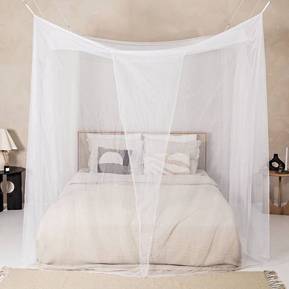 Moskitonetz für Doppelbett Weiß - 6 Hängeschlaufen und 4 seitliche Öffnungen - dekorative rechteckige Form für Zuhause & Reise - Betthimmel-Aufhängeset und Tragetasche inklusive - 210 x 200 x 200 cm