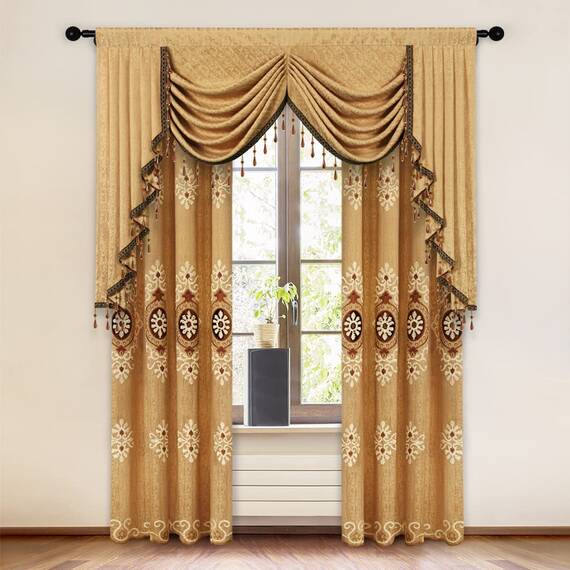 ELKCA Querbehang Motiv Wasserfall mit gelben Luxusperlen für Wohnzimmer, mit Stangendurchzug, 1 Vorhang (Gelb, 140 cm)