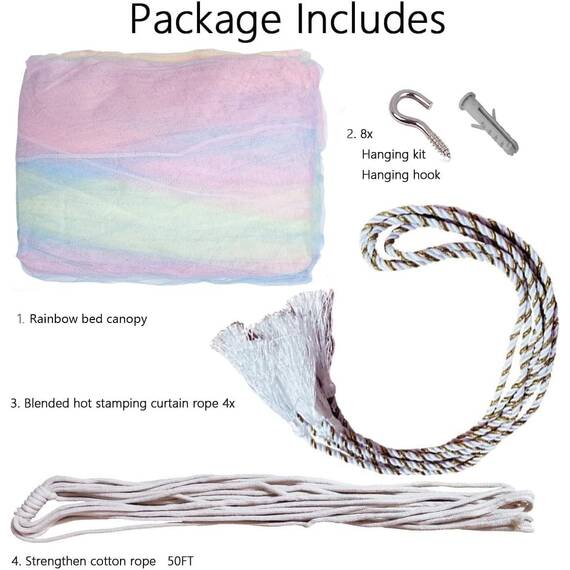 Vorhänge, Betthimmel, Regenbogen, Moskitonetz für Betthimmel, Viereckpfosten, elegantes Moskitonetz-Set, Stockhaken & Berufsseil für Netz, Bildschirmnetz, Baldachin, Vorhänge, Full/Queen/King