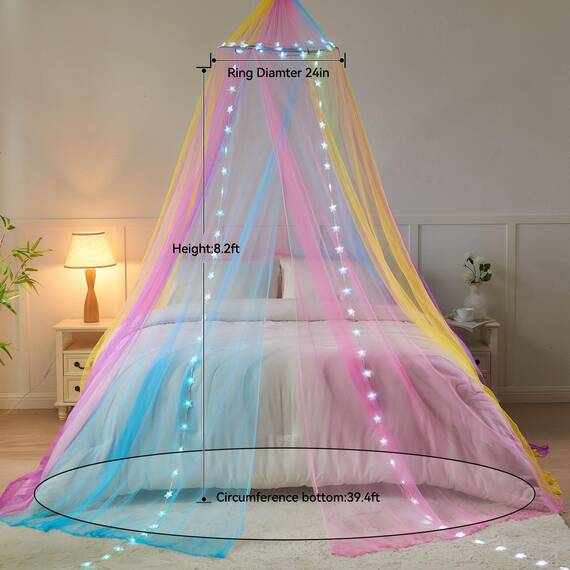 Obrecis Regenbogen-Betthimmel für Mädchen, Prinzessinnen-Betthimmel, Bettvorhänge mit 24 Farben, Sternenlichter, Doppelbetthimmel, passend für Einzel-, Doppel-, Doppel-, Queen-Size-Kinderbetten