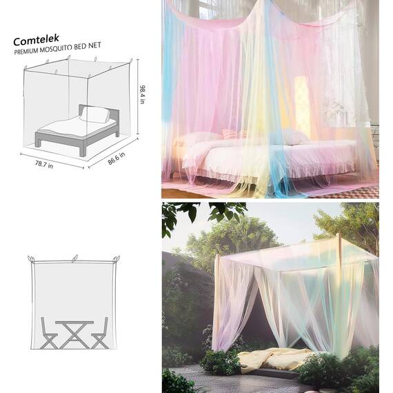 Vorhänge, Betthimmel, Regenbogen, Moskitonetz für Betthimmel, Viereckpfosten, elegantes Moskitonetz-Set, Stockhaken & Berufsseil für Netz, Bildschirmnetz, Baldachin, Vorhänge, Full/Queen/King