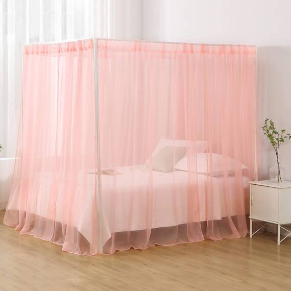 WANFASO Queen-Size-Bettvorhänge Rosa, Prinzessinnen-Bettvorhänge mit Chiffon-Stoff, 8 Vorhänge und 4 Raffhalter, Geeignet für Queen-Size-Bett, Rosa