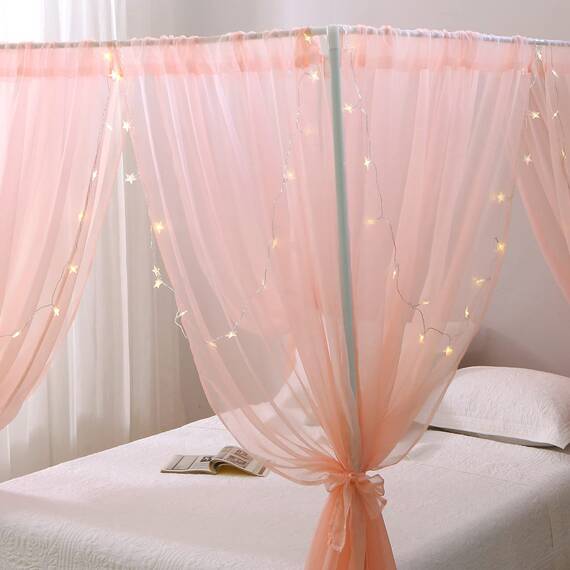 WANFASO Queen-Size-Bettvorhänge Rosa, Prinzessinnen-Bettvorhänge mit Chiffon-Stoff, 8 Vorhänge und 4 Raffhalter, Geeignet für Queen-Size-Bett, Rosa