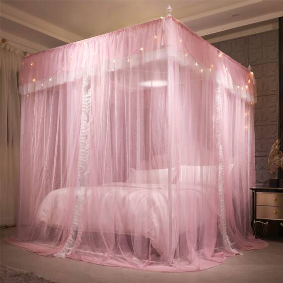 VETHIN 4 Ecken Pfosten Rüschen Prinzessin Bett Baldachin Vorhang, 4 Öffnungen Moskitonetz für Mädchen Erwachsene Schlafzimmer Dekoration (Rosa/Weiß, 162.6 cm Bx208.3 cm Lx208.3 cm H) Queen