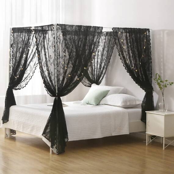 WANFASO Schwarzer französischer Spitzen-Baldachin, Betthimmel im Gothic-Stil, Betthimmel für Mädchen, Bettschal, Raumdekoration