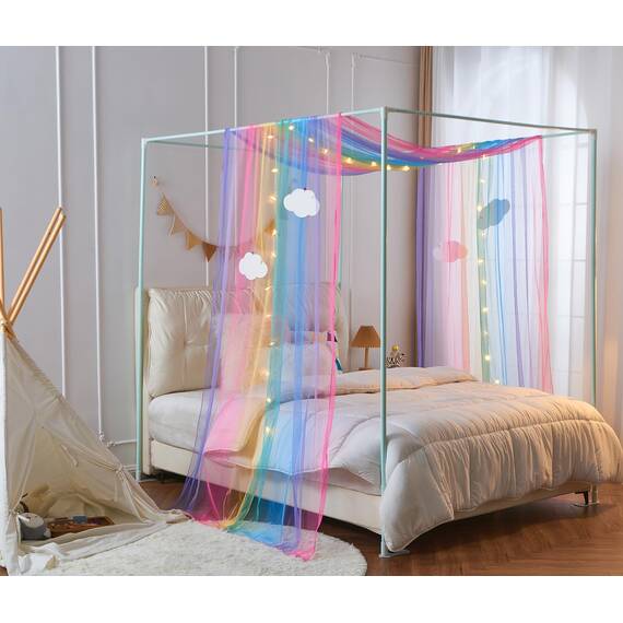 WANFASO Betthimmel mit Regenbogen-Prinzessinnen-Baldachin, Bettschal, Volant mit Wolkenornamenten, Betthimmel für Mädchen, Bettwäsche, Dekoration (Doppelbett, Regenbogen, 2 Stoffbahnen)