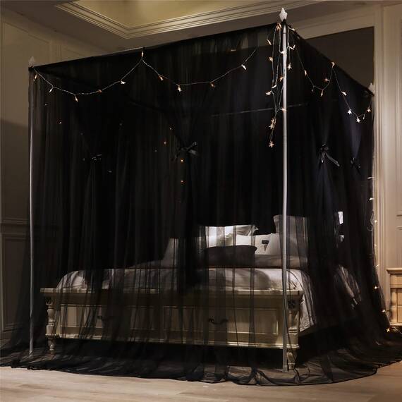 VETHIN Betthimmel-Vorhang mit 4 Ecken, doppellagig, gemütlich, Drapiernetz, 4 Öffnungen, Moskitonetz für Mädchen und Erwachsene, Schlafzimmer, Dekoration, Zubehör (Doppelbett, schwarz, 149,9 cm B x