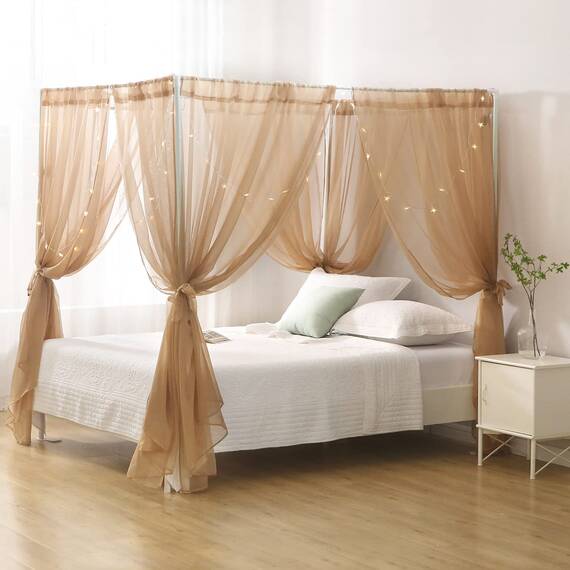 WANFASO Prinzessinnen-Chiffon-Betthimmel, Baldachin-Vorhänge für Queensize-Bett Erwachsene, 4 Bett-Vorhänge Raumdekoration (heller Kaffee)