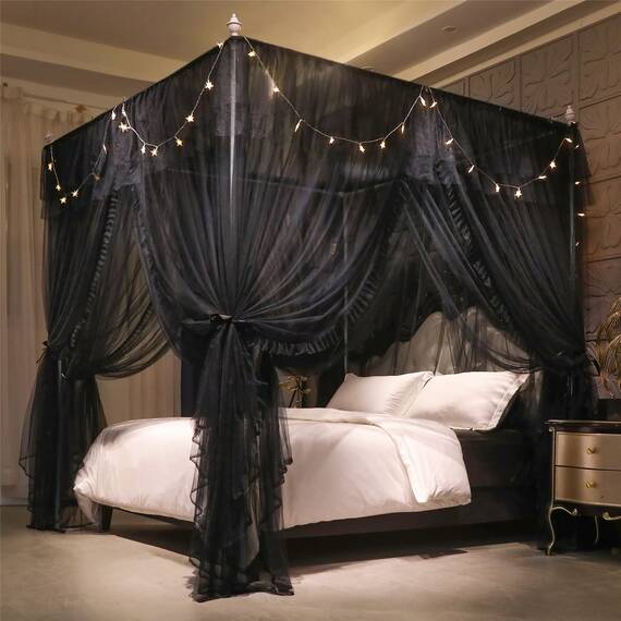 VETHIN 4 Ecken Pfosten Rüschen Prinzessin Bett Baldachin Vorhang, doppellagig, gemütlich, schwarz, 162.6 cm Bx208.3 cm Lx208.3 cm H/Q ueen
