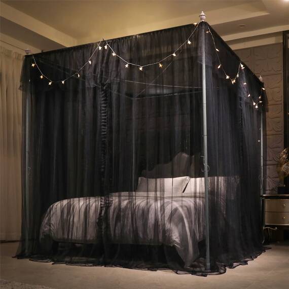 VETHIN 4 Ecken Pfosten Rüschen Prinzessin Bett Baldachin Vorhang, doppellagig, gemütlich, schwarz, 162.6 cm Bx208.3 cm Lx208.3 cm H/Q ueen