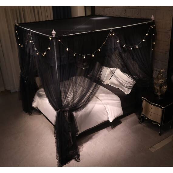 VETHIN 4 Ecken Pfosten Rüschen Prinzessin Bett Baldachin Vorhang, doppellagig, gemütlich, schwarz, 162.6 cm Bx208.3 cm Lx208.3 cm H/Q ueen