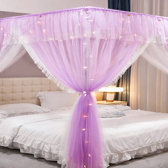 VETHIN 4 Ecken Pfosten Rüschen Prinzessin Bett Baldachin Vorhang, doppellagig, gemütlich, Vorhangnetz, 4 Öffnungen, Schlafzimmer Dekoration (Doppelviolett, 119.4 cm Bx198.1 cm Lx208.3 cm H/T) Win