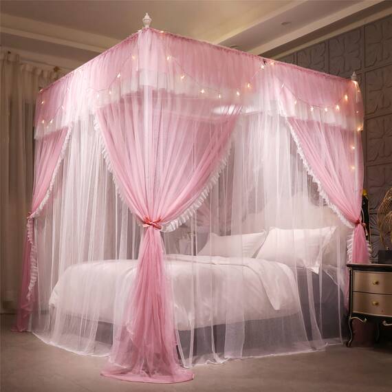 VETHIN Betthimmel-Vorhang mit 4 Ecken, doppelschichtig, gemütlich, Drapiernetz, 4 Öffnungen, Moskitonetz für Mädchen, Erwachsene, Schlafzimmer-Dekoration, Pink/Weiß, Maße: 119,4 x 198,1 x 208,3 cm