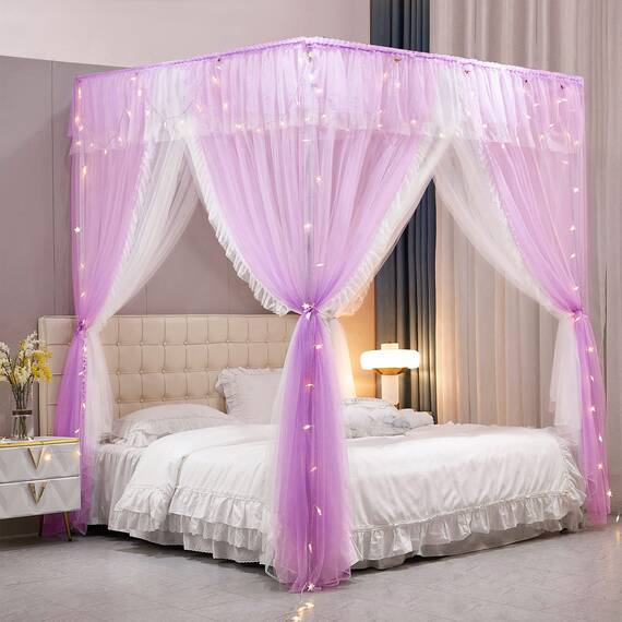 VETHIN Betthimmel-Vorhang mit 4 Ecken, doppelschichtig, gemütlich, Drapiernetz, 4 Öffnungen, Moskitonetz für Mädchen, Erwachsene, Schlafzimmer-Dekoration, kräftiges Violett, Maße: 134,6 x 198,1 x