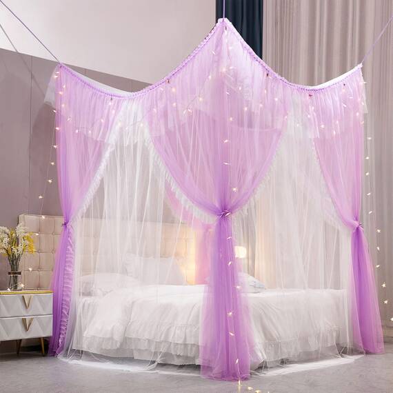VETHIN Betthimmel-Vorhang mit 4 Ecken, doppelschichtig, gemütlich, Drapiernetz, 4 Öffnungen, Moskitonetz für Mädchen, Erwachsene, Schlafzimmer-Dekoration, kräftiges Violett, Maße: 150 x 208,3 x 208,3