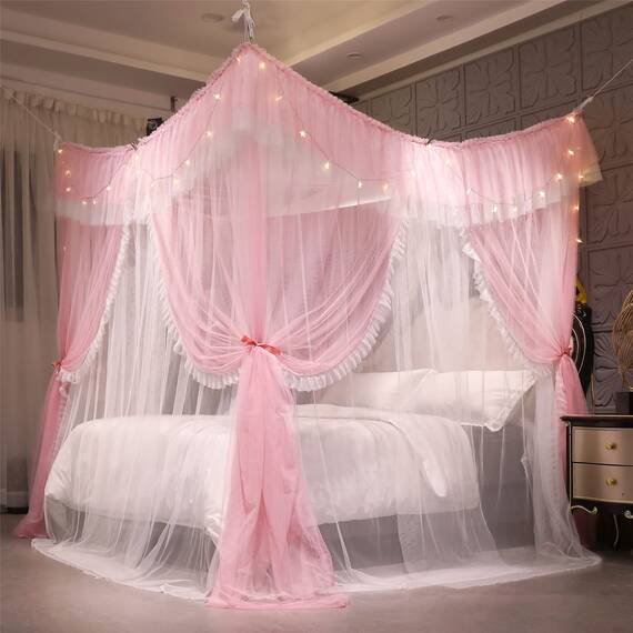 VETHIN 4 Ecken Pfosten Rüschen Prinzessin Bett Baldachin Vorhang, 4 Öffnungen Moskitonetz für Mädchen Erwachsene Schlafzimmer Dekoration (Rosa/Weiß, 162.6 cm Bx208.3 cm Lx208.3 cm H) Queen