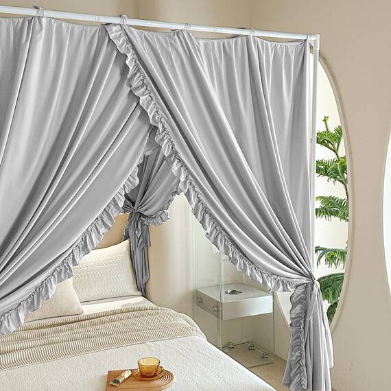 AIKASY Prinzessinnen-Betthimmel-Vorhänge mit Bändern oben – winddicht und lichtdicht, für Mädchen und Erwachsene, Schlafzimmerdekoration, Betthimmel-Vorhänge (Kingsize, Grau)