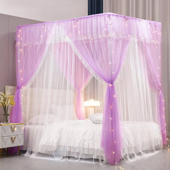 VETHIN 4 Ecken Pfosten Rüschen Prinzessin Bett Baldachin Vorhang, doppellagig, gemütlich, Vorhangnetz, 4 Öffnungen, Schlafzimmer Dekoration (Doppelviolett, 119.4 cm Bx198.1 cm Lx208.3 cm H/T) Win