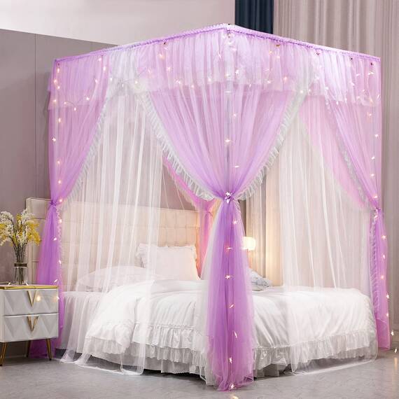 VETHIN Betthimmel-Vorhang mit 4 Ecken, doppelschichtig, gemütlich, Drapiernetz, 4 Öffnungen, Moskitonetz für Mädchen, Erwachsene, Schlafzimmer-Dekoration, kräftiges Violett, Maße: 134,6 x 198,1 x
