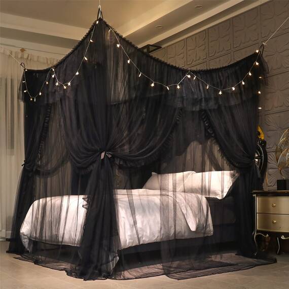 VETHIN 4 Ecken Pfosten Rüschen Prinzessin Bett Baldachin Vorhang, doppellagig, gemütlich, schwarz, 162.6 cm Bx208.3 cm Lx208.3 cm H/Q ueen