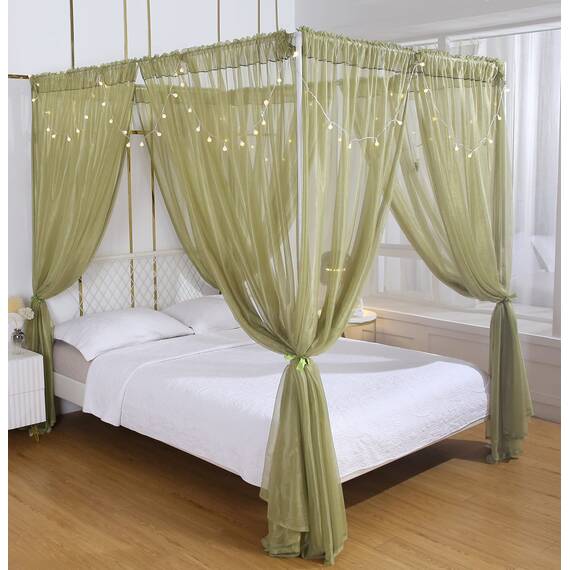 Akiky Betthimmel für Mädchenzimmer, durchscheinender Vorhang für Doppelbett, Queen-Size-Bettvorhänge, 8 Paneele mit Licht, Raumdekoration (Full/Queen, Salbeigrün)