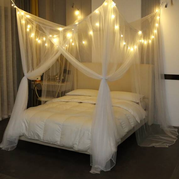 Mengersi Betthimmel mit Lichtern für Doppelbett, Queen-Size-Bett, 4 Eckpfosten, Schlafzimmer-Dekor (weiß + Lichter)