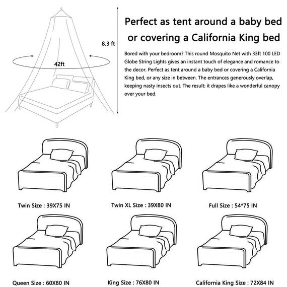 Comtelek Moskitonetz für Doppelbett, 4 Eckpfosten, elegant, Moskitonetz, Betthimmel-Set, Haken und professionelles Seil für Netz, Sichtschutz und Baldachin