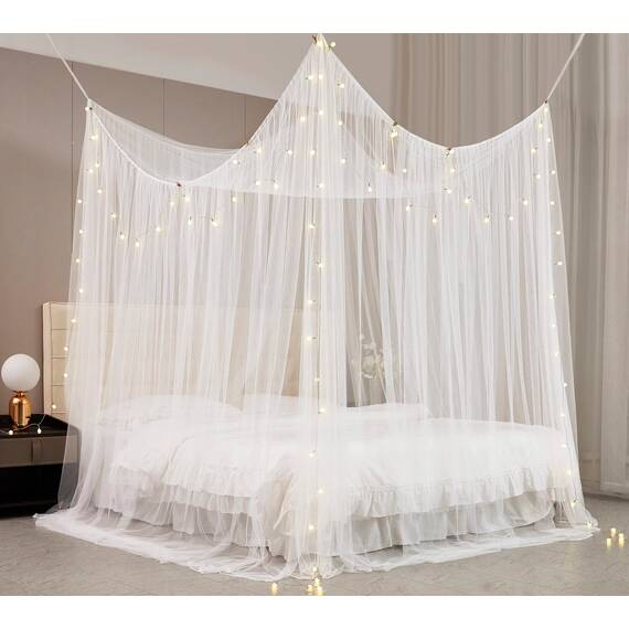 Mengersi Betthimmel mit Lichtern für Doppelbett, Queen-Size-Bett, 4 Eckpfosten, Schlafzimmer-Dekor (weiß + Lichter)