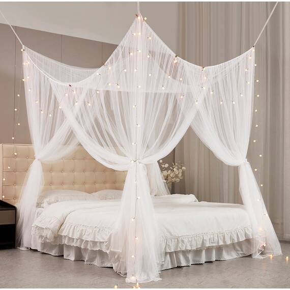 Mengersi Betthimmel mit Lichtern für Doppelbett, Queen-Size-Bett, 4 Eckpfosten, Schlafzimmer-Dekor (weiß + Lichter)