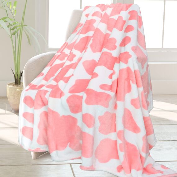HSEEC Süße Erdbeer-Kuh-Druck-Decke, weiches Fleece, Flanell, leicht, rosa, Kuhdecken, gemütlich, warm, Plüsch, niedliche Kuh-Überwurfdecke, Wohnzimmer, Sofa, Dekoration, Kuh, Geschenke, Decke, alle