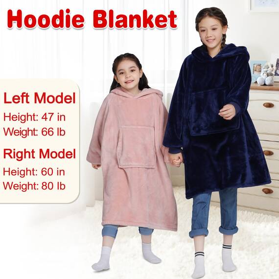 Waitu Tragbare Decke für Kinder, tragbare Decke mit Kapuze für Teenager, Mädchen, Jungen, warme Decke, Sweatshirt, Geschenk für Teenager, Hoodie-Decke mit Ärmeln, Marineblau
