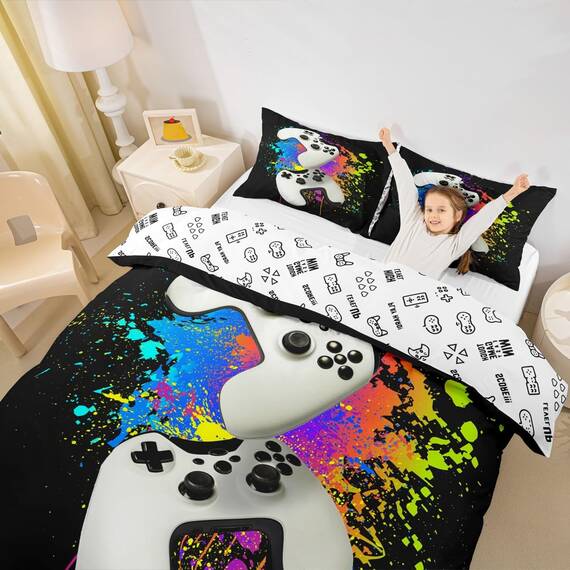Teens Gamepad Bedding Set Kids Modern Gamer Comforter Cover Boys Girls Video Game Controller Duvet Cover Gaming Console Bedspread Cover Double Size 3Pcs Watercolor Tie Dye Bedroom Decor Zipper