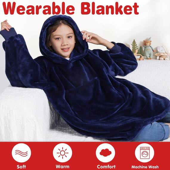 Waitu Tragbare Decke für Kinder, tragbare Decke mit Kapuze für Teenager, Mädchen, Jungen, warme Decke, Sweatshirt, Geschenk für Teenager, Hoodie-Decke mit Ärmeln, Marineblau